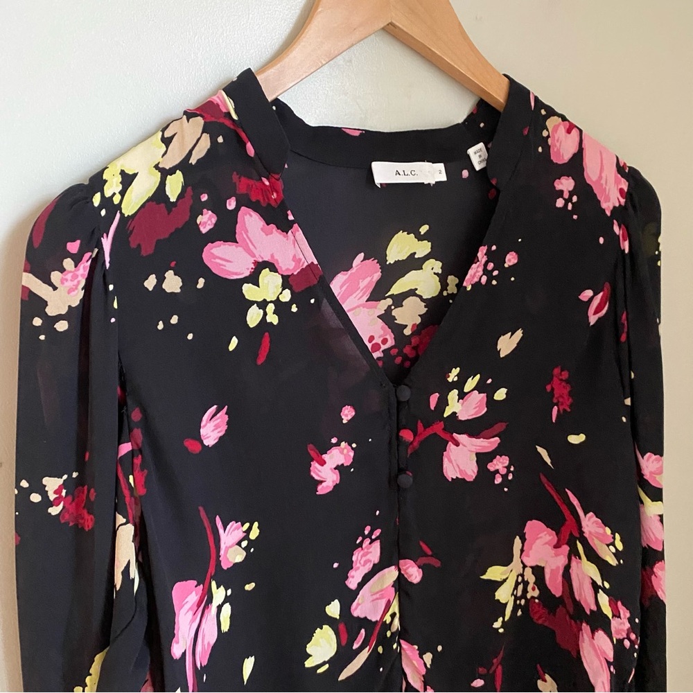 A.L.C. Rivera Silk Black Long Sleeve Floral Blouse Size 2 or Small Cottagecore - Picture 4 of 13